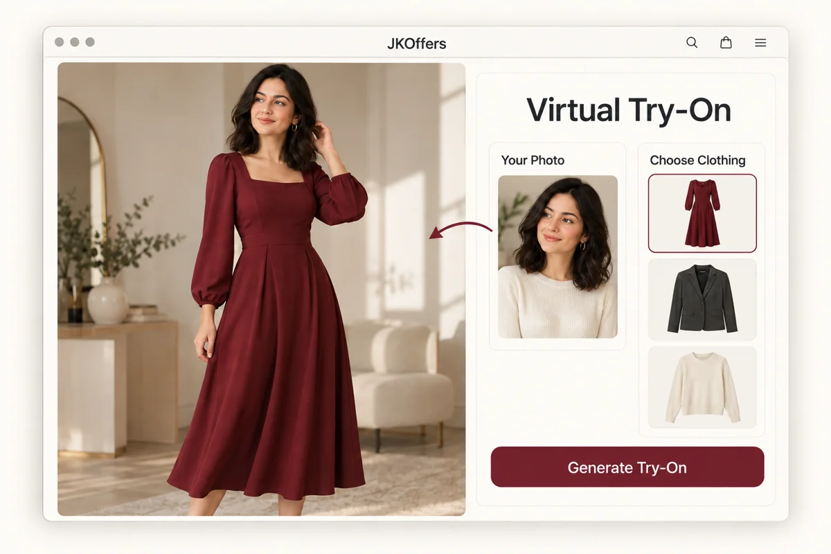 Illustration of Affiliate Virtual Try-On showing a shopper photo, clothing choices and an AI try-on preview.