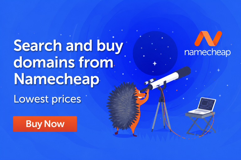 Namecheap domain promotion with its logo, hedgehog and telescope